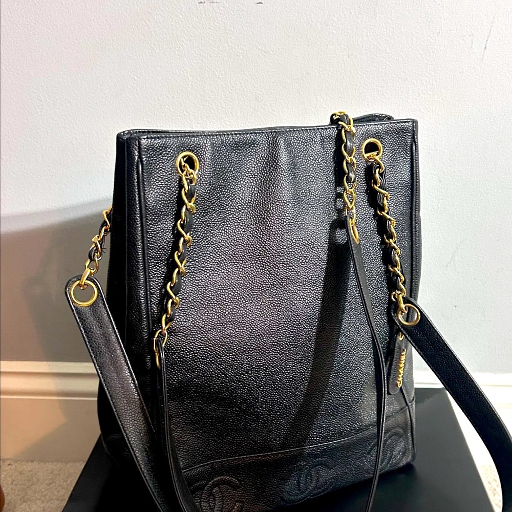 Black Chanel Caviar Skin Triple Coco Double chain Tote